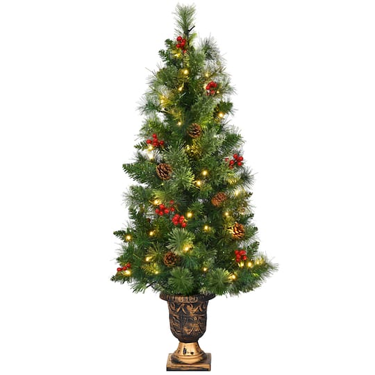 Costway 5ft Pre-Lit Entrance Fir Artificial Christmas Tree in Gold Urn Planter, Warm White LED Lights